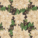 a repeating pattern of white poinsettia flowers against a dark background, with green leaves interspersed throughout the pattern.
