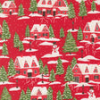 The image is a collage of various Christmas-themed scenes, including houses, trees, and a snowman, all set against a red background.