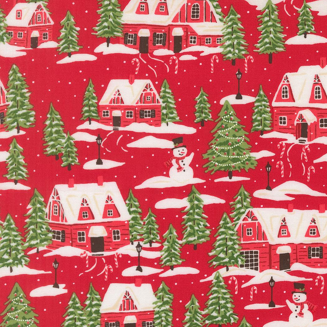 The image is a collage of various Christmas-themed scenes, including houses, trees, and a snowman, all set against a red background.
