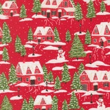 The image is a collage of various Christmas-themed scenes, including houses, trees, and a snowman, all set against a red background.