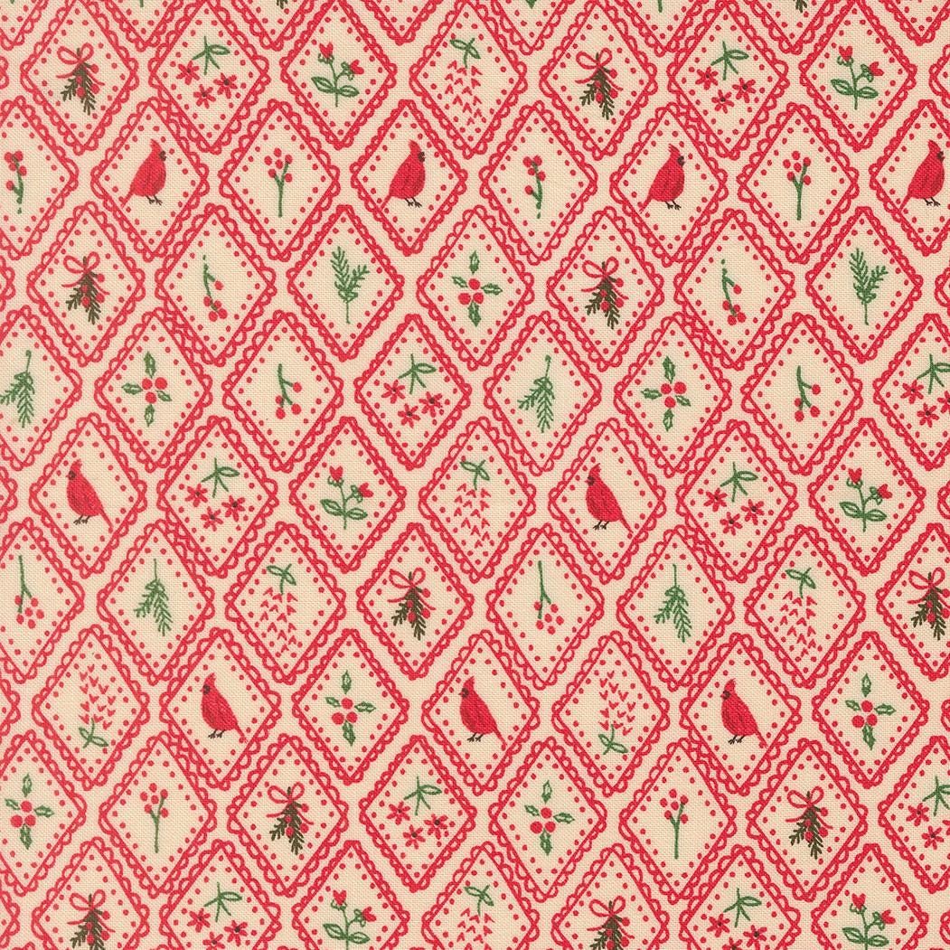 a repeating pattern of red and green diamond shapes, each containing a small bird, leaf, and flower design. The pattern is arranged in a grid-like fashion, creating a visually appealing and intricate design.