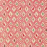 a repeating pattern of red and green diamond shapes, each containing a small bird, leaf, and flower design. The pattern is arranged in a grid-like fashion, creating a visually appealing and intricate design.