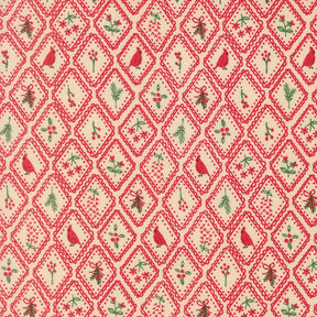 a repeating pattern of red and green diamond shapes, each containing a small bird, leaf, and flower design. The pattern is arranged in a grid-like fashion, creating a visually appealing and intricate design.