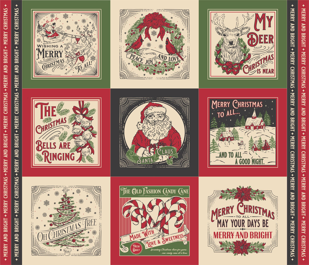 a collage of nine Christmas-themed illustrations, each with its own unique design and message. The illustrations include Santa Claus, a Christmas tree, bells, a deer, and various holiday-related phrases and imagery.
