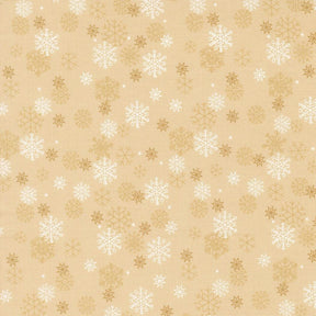 a repeating pattern of white and gold snowflakes on a beige background.