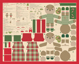 The image is a detailed pattern for a Christmas-themed teddy bear, featuring various shapes, colors, and designs.