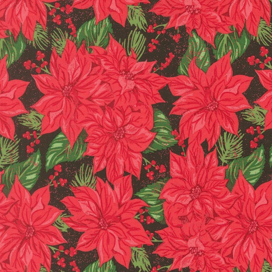 a repeating pattern of large, vibrant red poinsettia flowers against a dark background, with green leaves and berries interspersed throughout.
