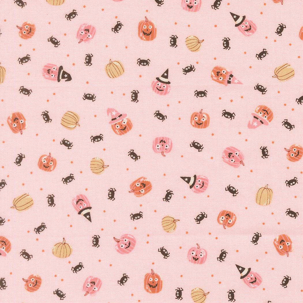 a repeating pattern of Halloween-themed pumpkins and bats on a pink background.