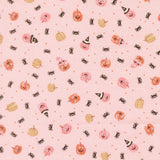 a repeating pattern of Halloween-themed pumpkins and bats on a pink background.
