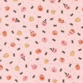 a repeating pattern of Halloween-themed pumpkins and bats on a pink background.