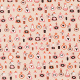 a repeating pattern of various bottles and containers, including vials, flasks, and other containers, all adorned with whimsical and spooky illustrations such as skulls, hearts, and stars. The pattern is composed of multiple rows and columns of these items, creating a visually engaging and playful design.