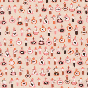 a repeating pattern of various bottles and containers, including vials, flasks, and other containers, all adorned with whimsical and spooky illustrations such as skulls, hearts, and stars. The pattern is composed of multiple rows and columns of these items, creating a visually engaging and playful design.