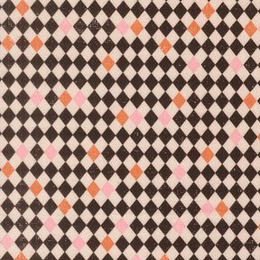 a repeating pattern of black and white diamonds with small pink and orange accents, creating a visually striking and geometric design.