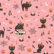 a repeating pattern of Halloween-themed elements, including cats, bats, pumpkins, spider webbing, and various Halloween-related objects.