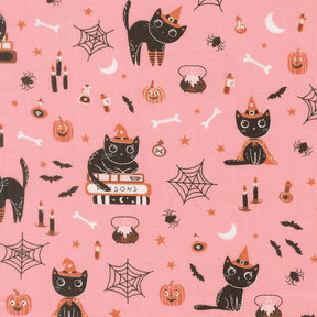 a repeating pattern of Halloween-themed elements, including cats, bats, pumpkins, spider webbing, and various Halloween-related objects.
