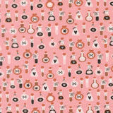 a repeating pattern of various bottles and containers with different symbols and designs on them, all set against a pink background.