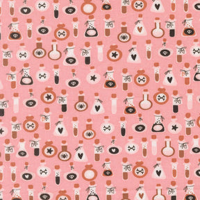 a repeating pattern of various bottles and containers with different symbols and designs on them, all set against a pink background.