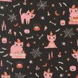The image is a repeating pattern of Halloween-themed illustrations featuring cats, bats, pumpkins, spiderwebs, and other spooky elements against a black background.