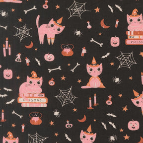 The image is a repeating pattern of Halloween-themed illustrations featuring cats, bats, pumpkins, spiderwebs, and other spooky elements against a black background.