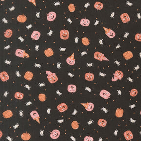 a repeating pattern of Halloween-themed pumpkins and bats against a black background.