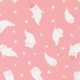 a playful and whimsical pattern of ghost-like figures and stars on a pink background.