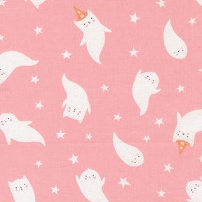 a playful and whimsical pattern of ghost-like figures and stars on a pink background.