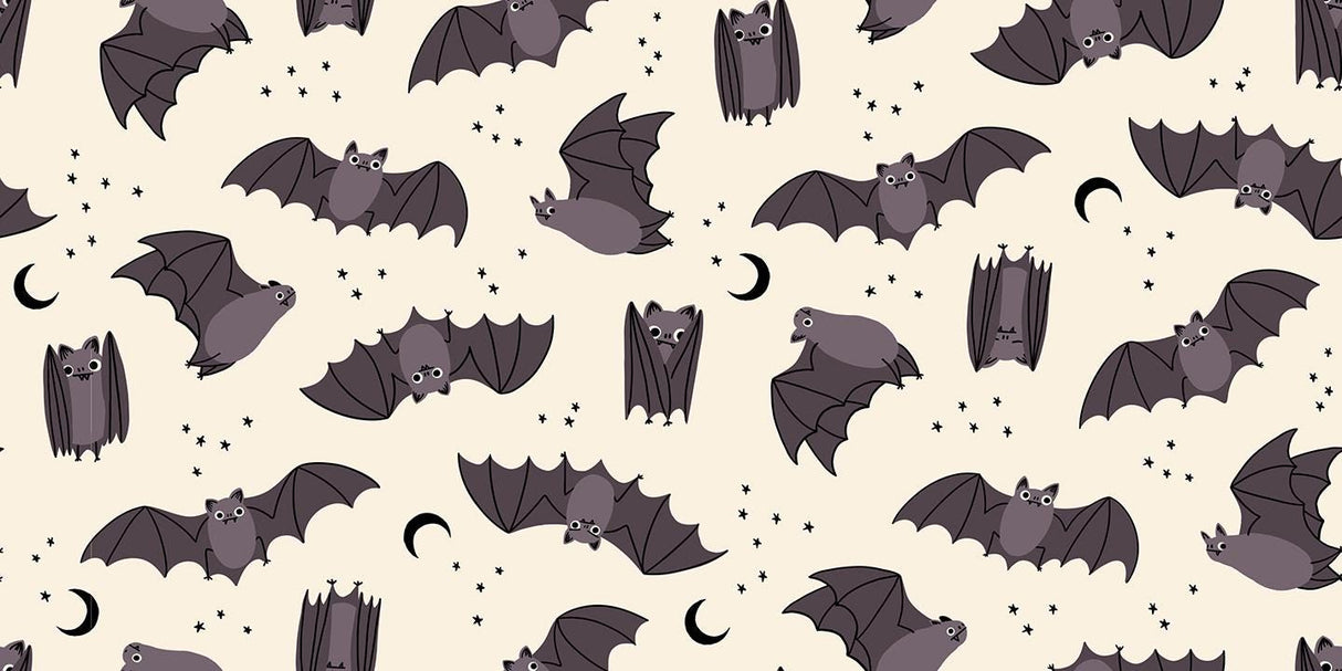 a repeating pattern of bats and crescent moons against a light background.