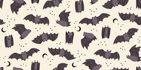 a repeating pattern of bats and crescent moons against a light background.