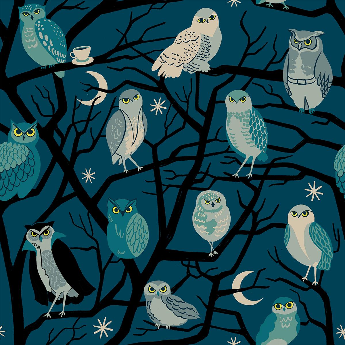 The image is a repeating pattern of various owls perched on tree branches against a dark blue background with white stars.