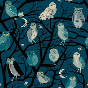 The image is a repeating pattern of various owls perched on tree branches against a dark blue background with white stars.