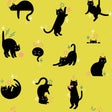 a collection of black cat illustrations arranged in a grid-like pattern against a yellow background. The cats are depicted in various poses and expressions, creating a dynamic and visually engaging scene.