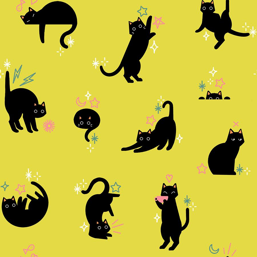 a collection of black cat illustrations arranged in a grid-like pattern against a yellow background. The cats are depicted in various poses and expressions, creating a dynamic and visually engaging scene.