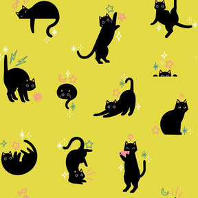 a collection of black cat illustrations arranged in a grid-like pattern against a yellow background. The cats are depicted in various poses and expressions, creating a dynamic and visually engaging scene.