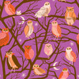 The image is a vibrant and whimsical pattern featuring a variety of owls perched on tree branches against a purple background. The owls are depicted in different sizes and colors, creating a lively and dynamic scene. The pattern includes a mix of owls in the foreground and background, as well as owls perched on the branches of the trees. The overall composition is visually engaging and captures the essence of owls in a natural setting.