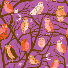 The image is a vibrant and whimsical pattern featuring a variety of owls perched on tree branches against a purple background. The owls are depicted in different sizes and colors, creating a lively and dynamic scene. The pattern includes a mix of owls in the foreground and background, as well as owls perched on the branches of the trees. The overall composition is visually engaging and captures the essence of owls in a natural setting.