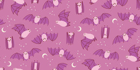 a repeating pattern of bats and crescent moons against a pink background.