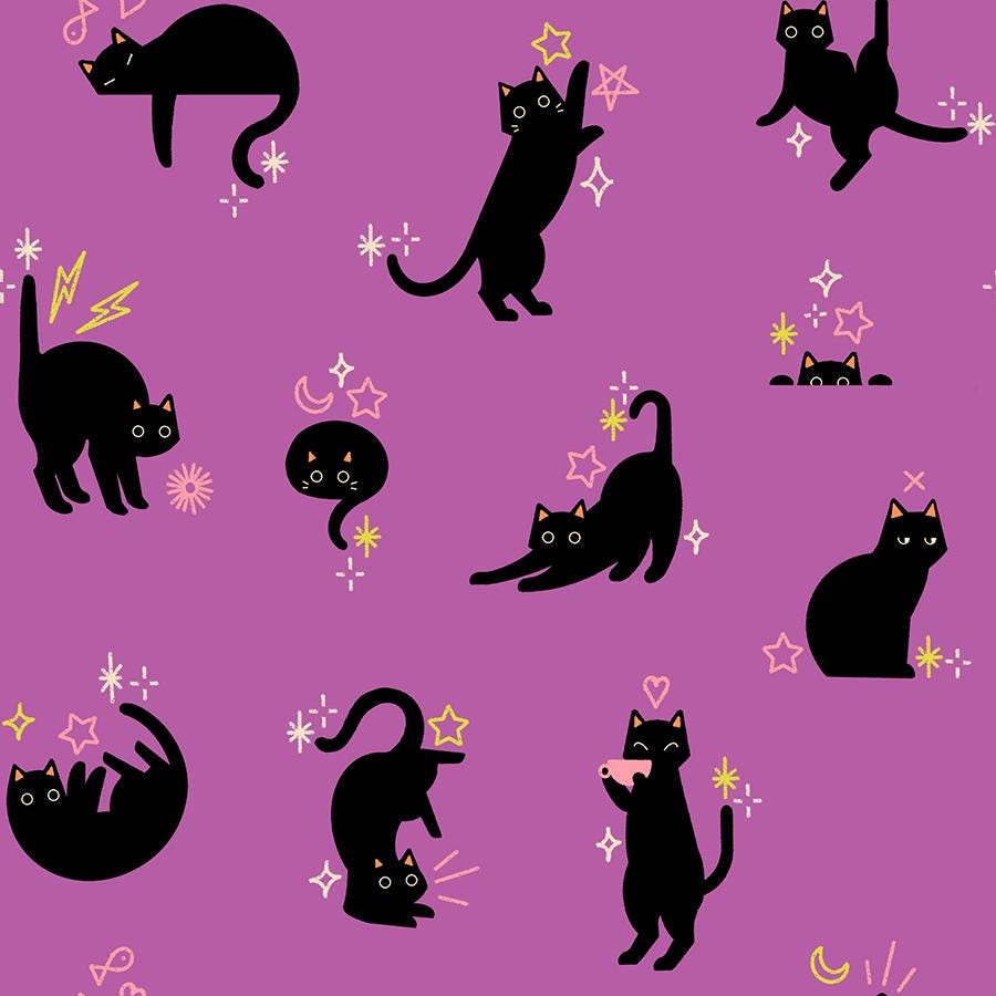 a collection of black cats in various poses and expressions, set against a purple background with stars and lightning bolts.