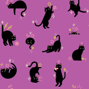 a collection of black cats in various poses and expressions, set against a purple background with stars and lightning bolts.