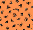 a repeating pattern of black and orange cartoon-style spiders on an orange background.