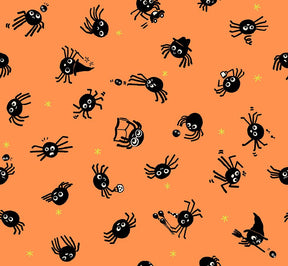 a repeating pattern of black and orange cartoon-style spiders on an orange background.