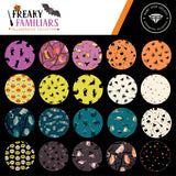 a collection of 16 circular patterns, each with a unique design and color scheme, arranged in a grid format. The patterns include various Halloween-themed motifs such as bats, skulls, pumpkins, and bats. The image does not contain any text, and the descriptions provided are not specific and are too general to accurately describe each pattern.