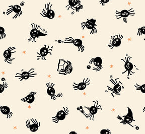 a repeating pattern of black and white cartoon-style spiders on a light background.
