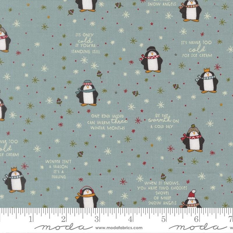 a repeating pattern of penguins wearing winter accessories, such as hats and scarves, against a light blue background with snowflakes. The text includes phrases like "It's only cold if you're standing still", "It's never too cold for ice cream", and "Winter isn't a season, it's a feeling". The image is a collage of multiple penguin images, and the text is scattered throughout the image.