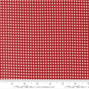 a close-up view of a red and white checkered pattern, with a ruler for scale at the bottom.