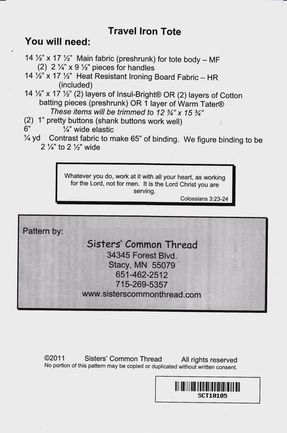Travel Iron Tote Pattern SCT 10105 Printed Pattern Only by Sisters' Common Thread