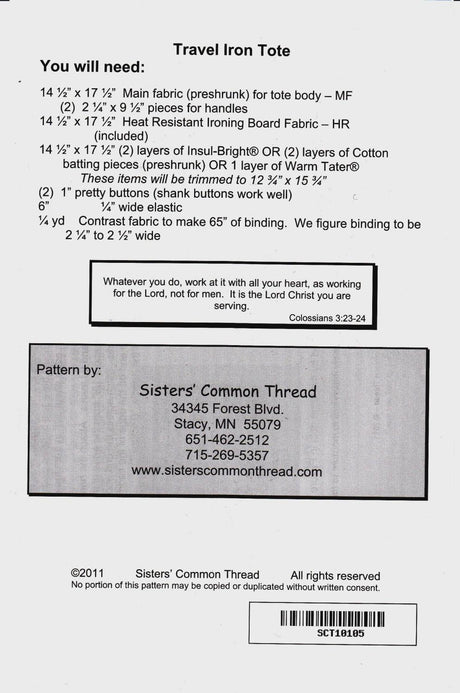 Travel Iron Tote Pattern SCT 10105 Printed Pattern Only by Sisters' Common Thread