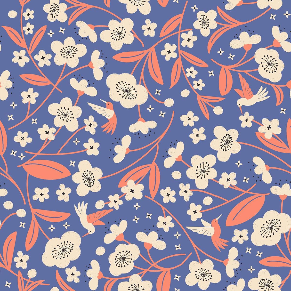 The image is a vibrant and playful pattern featuring various flowers, leaves, and birds in shades of blue, pink, and white. The pattern includes a variety of flowers, such as daisies, roses, and lilies, along with leaves and birds, creating a lively and dynamic visual effect.