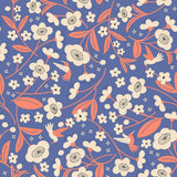 The image is a vibrant and playful pattern featuring various flowers, leaves, and birds in shades of blue, pink, and white. The pattern includes a variety of flowers, such as daisies, roses, and lilies, along with leaves and birds, creating a lively and dynamic visual effect.