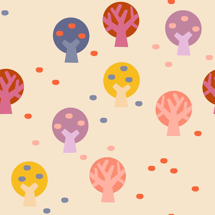 a repeating pattern of stylized tree shapes in various colors, including shades of pink, purple, yellow, and orange, along with scattered small circles throughout the background.