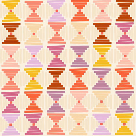 a repeating pattern of colorful geometric shapes, including triangles, rectangles, and diamonds, arranged in a grid-like fashion.